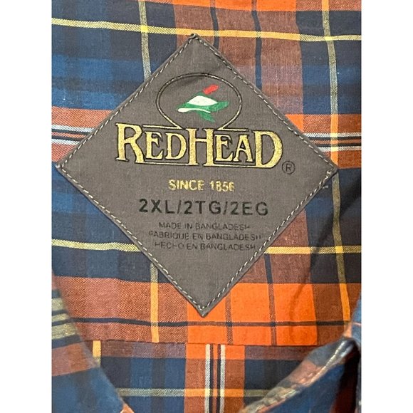 REDHEAD Mens Short Sleeve Dress Shirt 2XL Plaid Orange Blue XXL XXLarge Casual - Picture 4 of 7